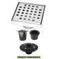 4 Inch Brushed Square Drain Kit with Hair Trap and Base Flange – Traditional Square Design