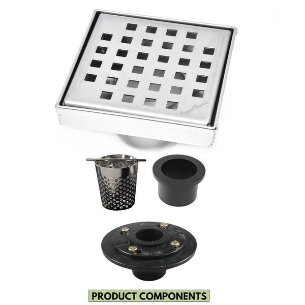 5 Inch Brushed Square Drain Cover with Hair Strainer and Drain Flange