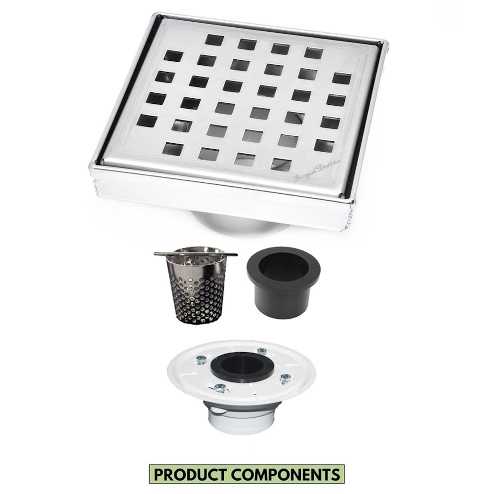 4 Inch Brushed Square Drain Kit with Hair Trap and Base Flange – Traditional Square Design