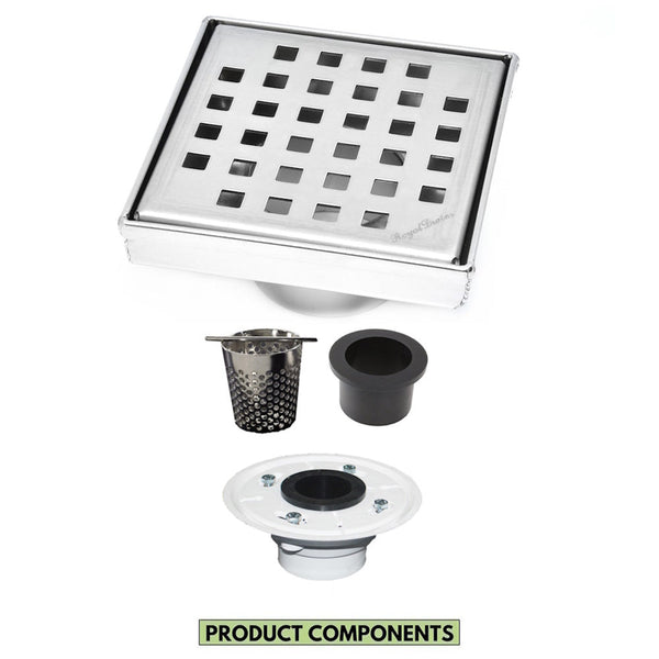 5 Inch Brushed Square Drain Cover with Hair Strainer and Drain Flange