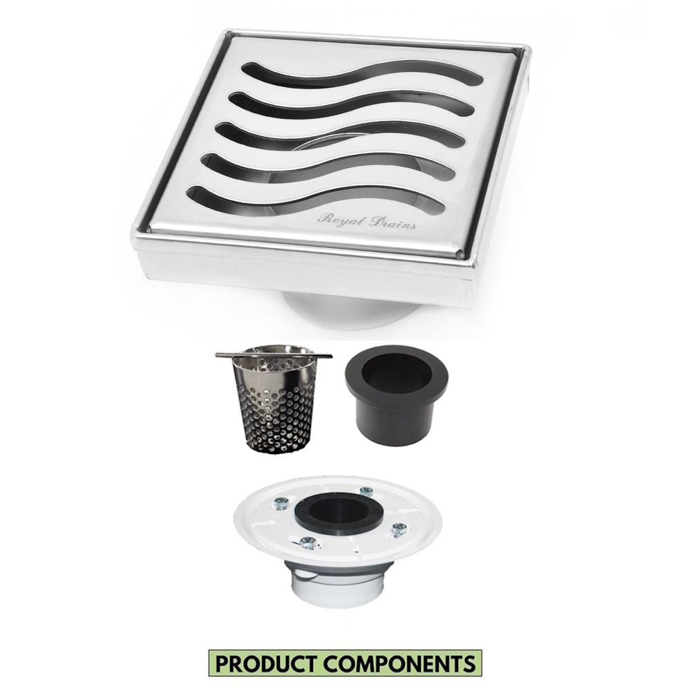 4 Inch Chrome Square Shower Drain kit with Hair Trap and Base Flange