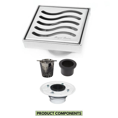 4 Inch Chrome Square Shower Drain kit with Hair Trap and Base Flange