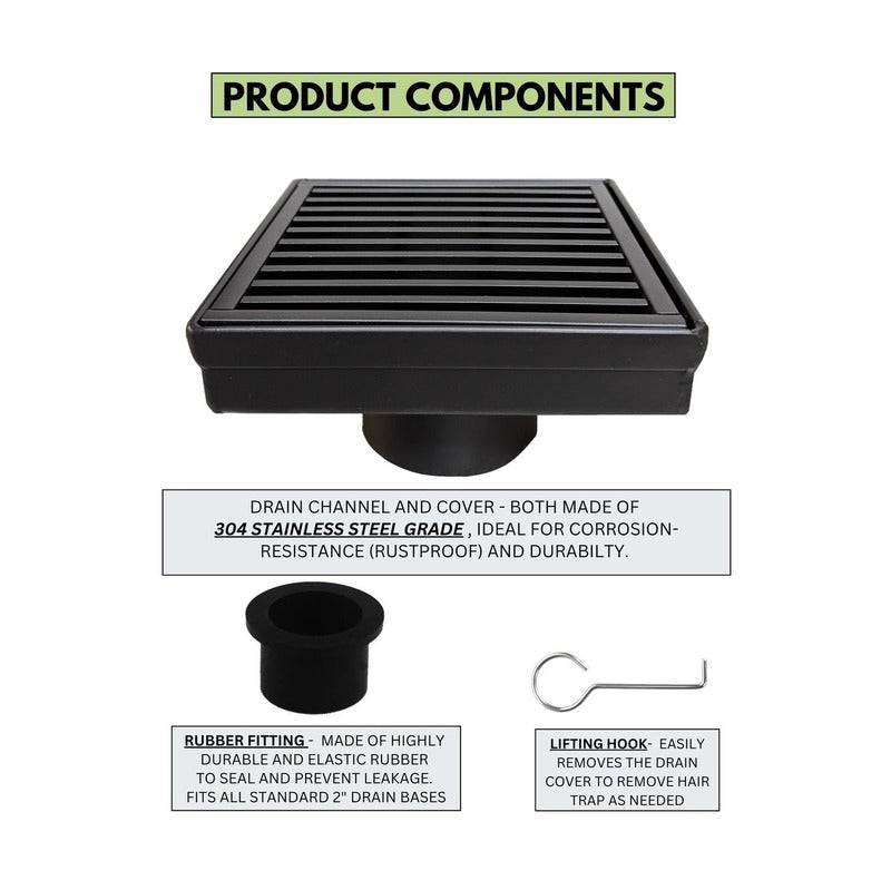 SereneDrains 4 Inch Black Square Drain