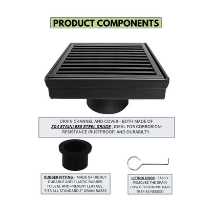 SereneDrains 4 Inch Black Square Drain