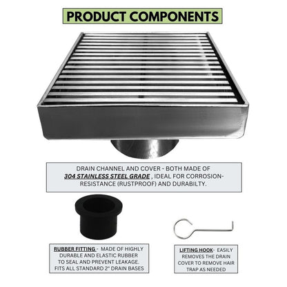 SereneDrains 4 Inch Square Shower Drain Wedge Design Brushed