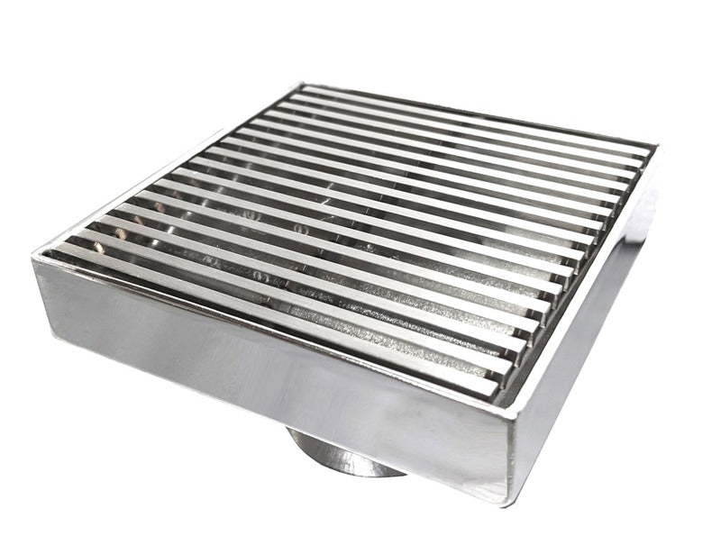 4 Inch Polished Chrome Square Floor Drain Wedge-wire Design by SereneDrains with Hair Trap 