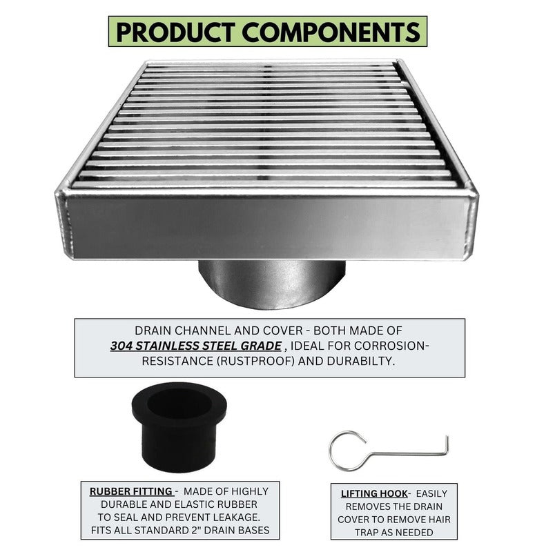 4 Inch Polished Chrome Square Floor Drain Wedge-Wire Design by SereneDrains with Hair Trap 