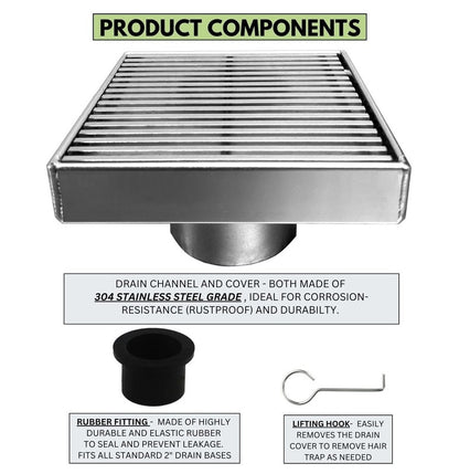 4 Inch Polished Chrome Square Floor Drain Wedge-Wire Design by SereneDrains with Hair Trap 