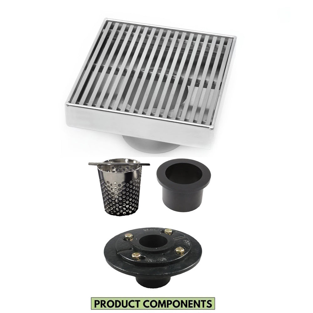 Modern 4 Inch Square Shower Drain Kit with Hair Trap and Base Flange ...