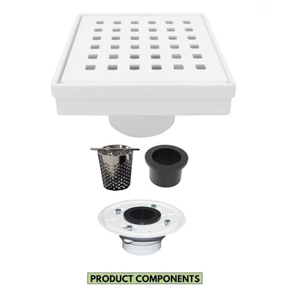 4 Inch Matte White Floor Drain with Hair Trap and Base Flange – Traditional Square Design