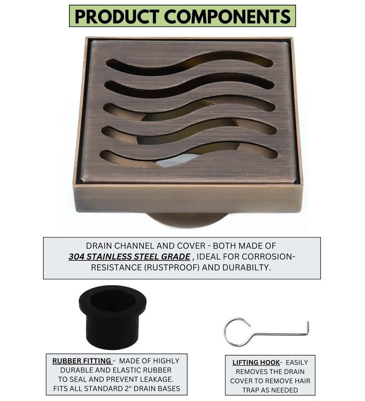 SereneDrains 4 Inch Square Shower Drain Cover Bronze Finish