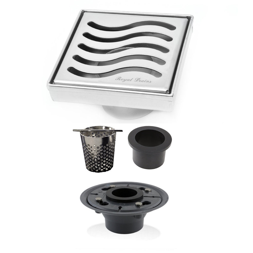 4 Inch Chrome Square Shower Drain kit with Hair Trap and Base Flange
