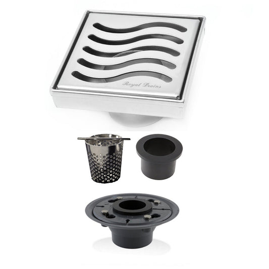 4 Inch Chrome Square Shower Drain kit with Hair Trap and Base Flange