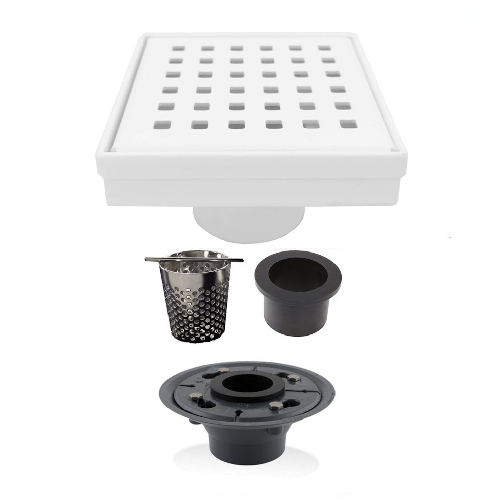 4 Inch Matte White Floor Drain with Hair Trap and Base Flange – Traditional Square Design