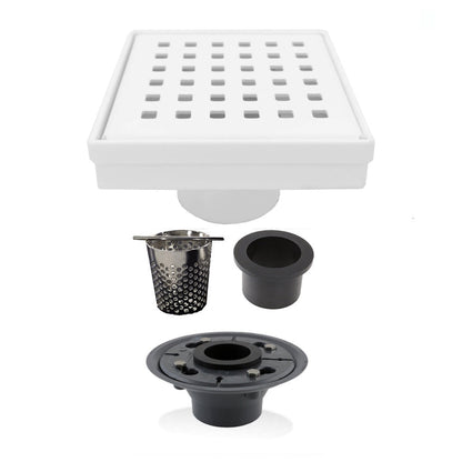 4 Inch Matte White Floor Drain with Hair Trap and Base Flange – Traditional Square Design