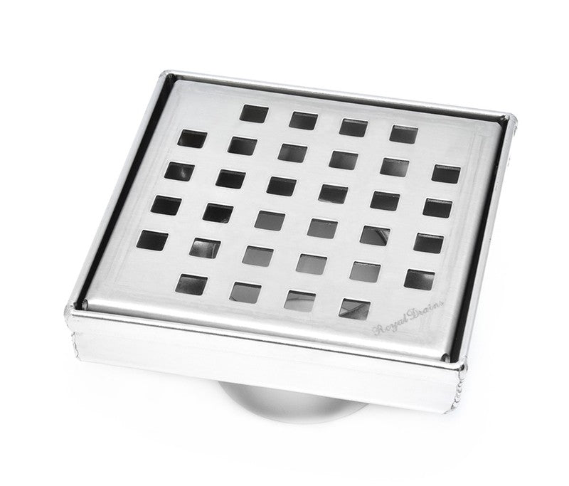 4 Inch Brushed Square Drain Kit with Hair Trap and Base Flange – Traditional Square Design