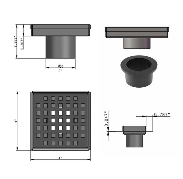 5 Inch Brushed Square Drain Cover with Hair Strainer and Drain Flange