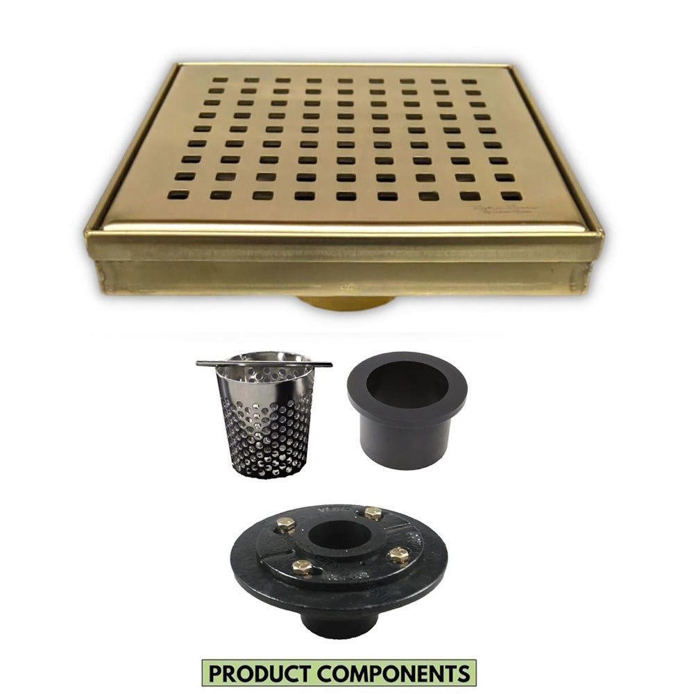 6 Inch Shower Drain Square Gold with Hair Trap and Base Flange – Traditional Square Design