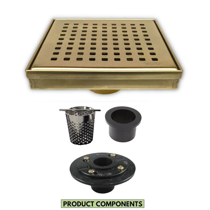 6 Inch Shower Drain Square Gold with Hair Trap and Base Flange – Traditional Square Design