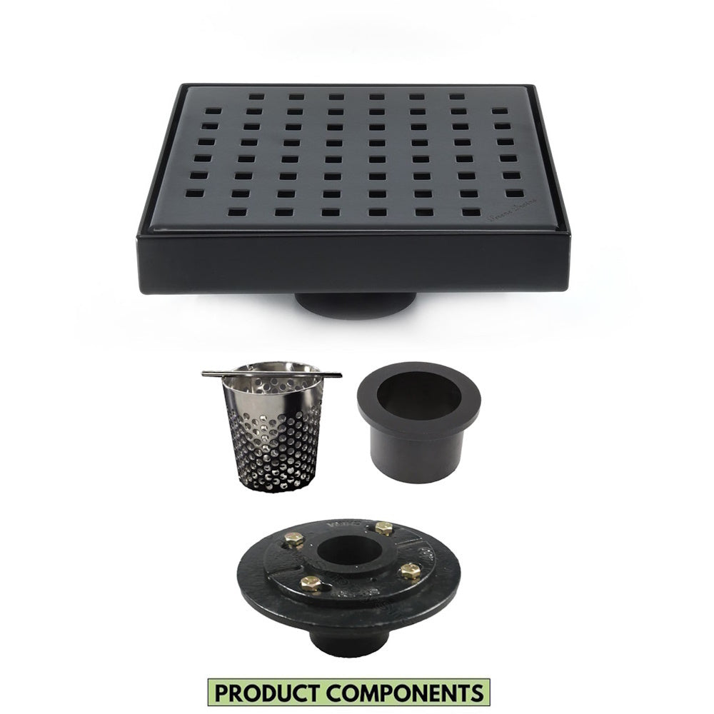 6 Inch Black Shower Drain with Hair Trap and Base Flange – Traditional Square Design