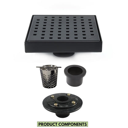 6 Inch Black Shower Drain with Hair Trap and Base Flange – Traditional Square Design