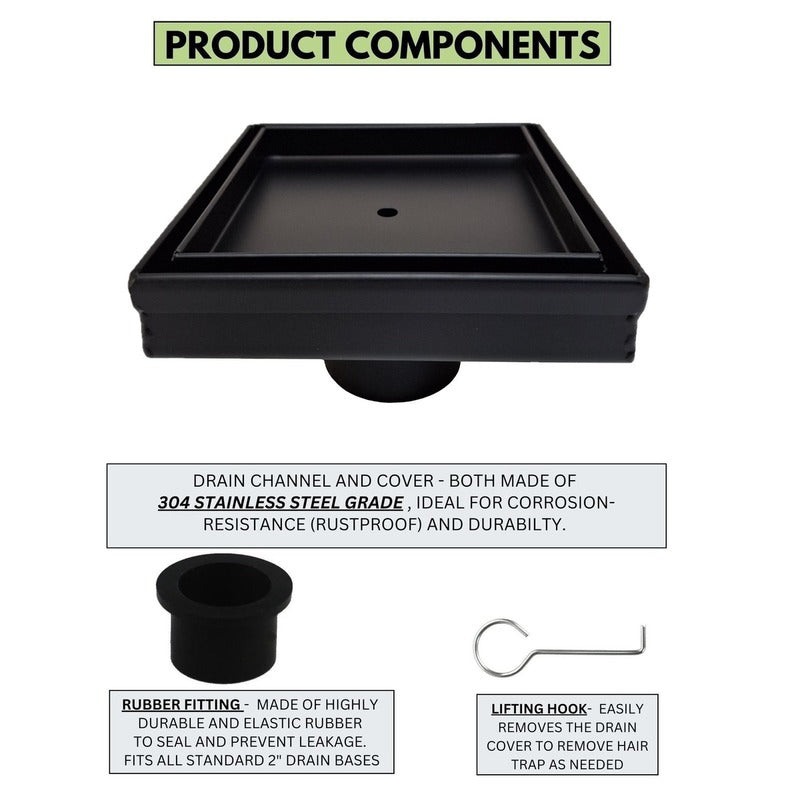 SereneDrains 5 Inch Square Tile-in Drain, Tile Floor Drain