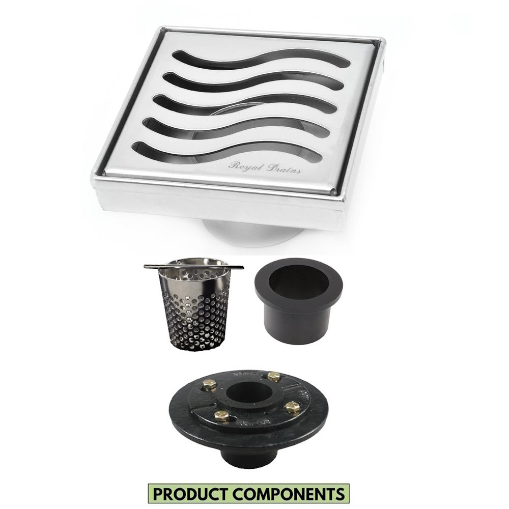 4 Inch Brushed Square Drain Kit with Hair Trap and Base Flange – Ocean Wave Design
