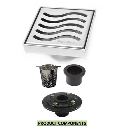 4 Inch Brushed Square Drain Kit with Hair Trap and Base Flange – Ocean Wave Design