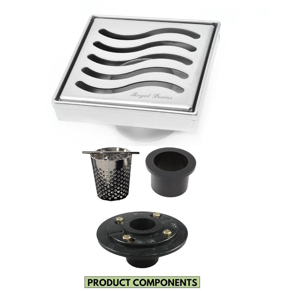 4 Inch Chrome Square Shower Drain kit with Hair Trap and Base Flange