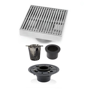 Modern 4 Inch Square Shower Drain Kit with Hair Trap and Base Flange – Wedge Design