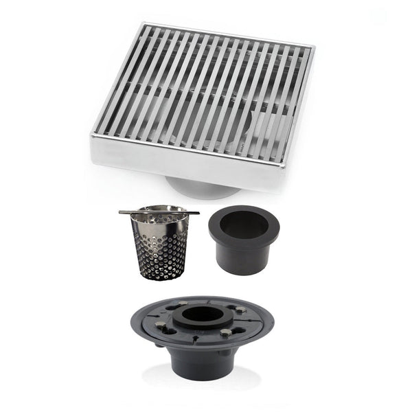 Modern 4 Inch Square Shower Drain Kit with Hair Trap and Base Flange – Wedge Design