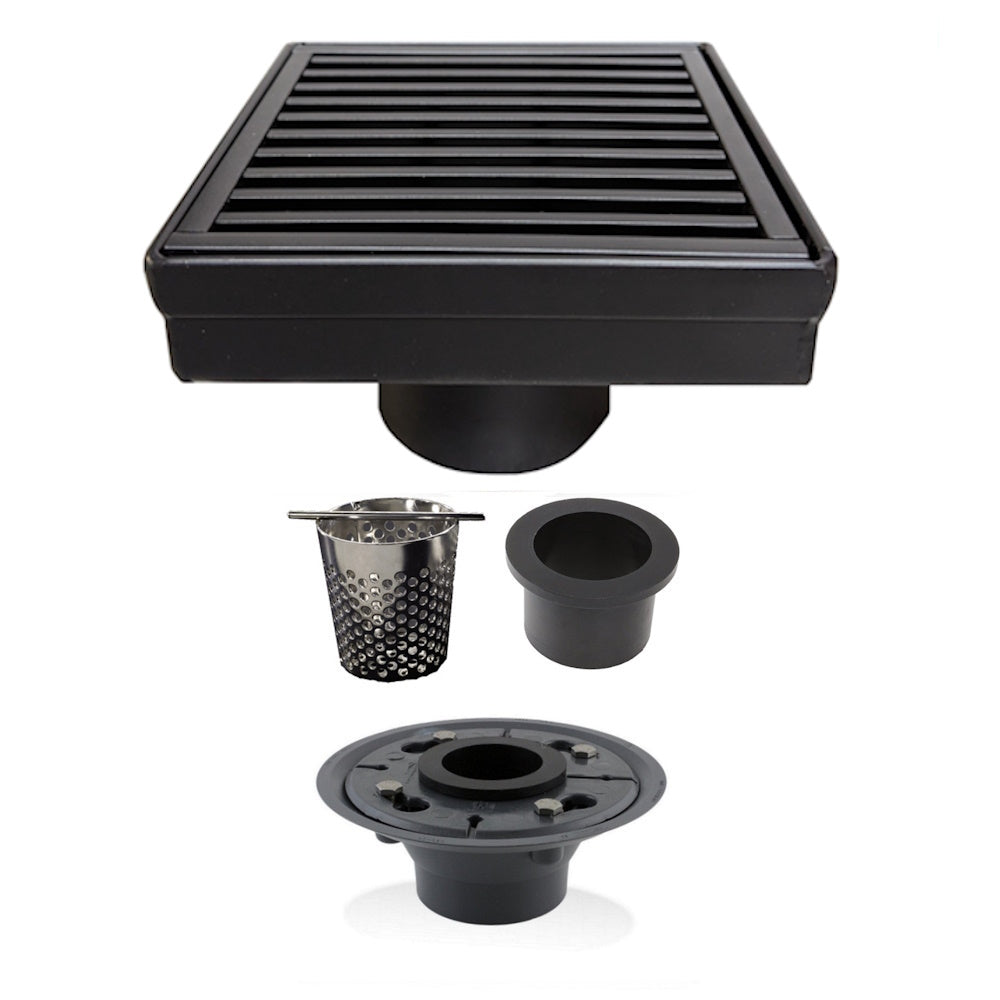 4 Inch Black Square Floor Drain with Hair Trap and Base Flange Wedgewire Design