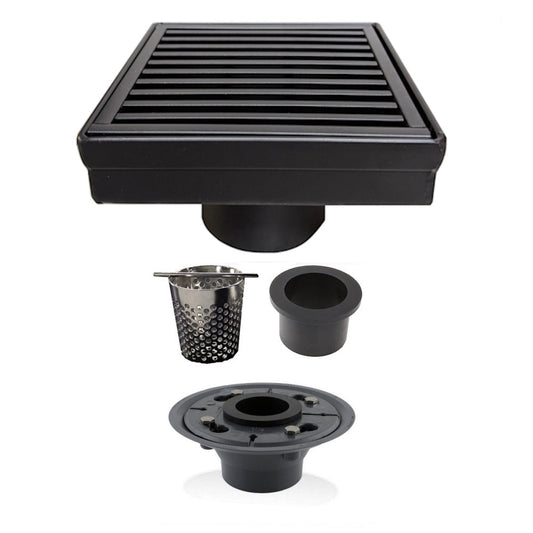 4 Inch Black Square Floor Drain with Hair Trap and Base Flange Wedgewire Design