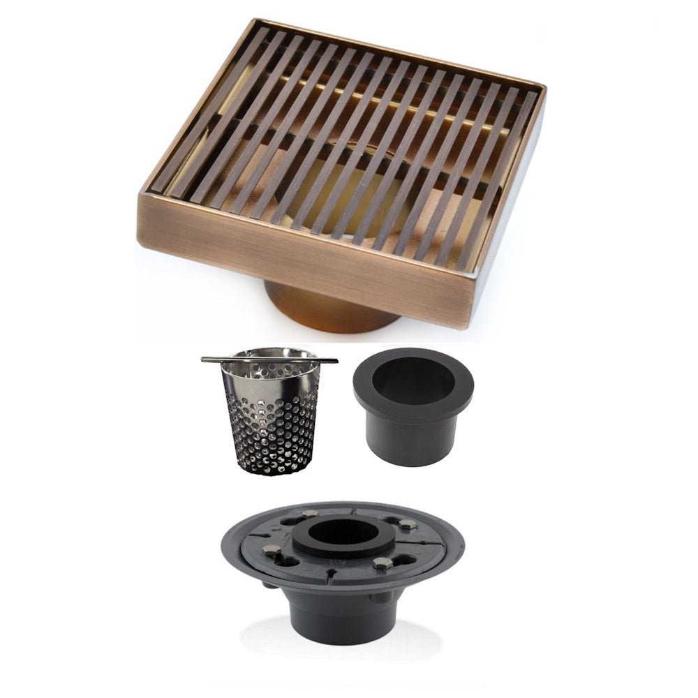 4 Inch Bronze Modern Shower Drain with Hair Strainer and Base Flange Wedge Wire Design