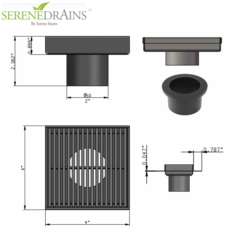 Modern 4 Inch Square Shower Drain Kit with Hair Trap and Base Flange – Wedge Design