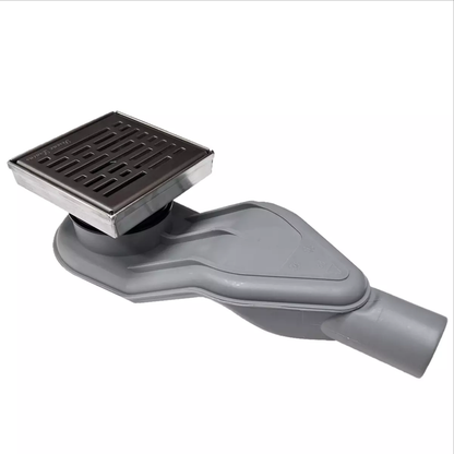 SereneDrains WOW Drain™ Horizontal Side Discharge Outlet with 4 Inch Broken Lane Design Square Shower Drain Kit - Brushed