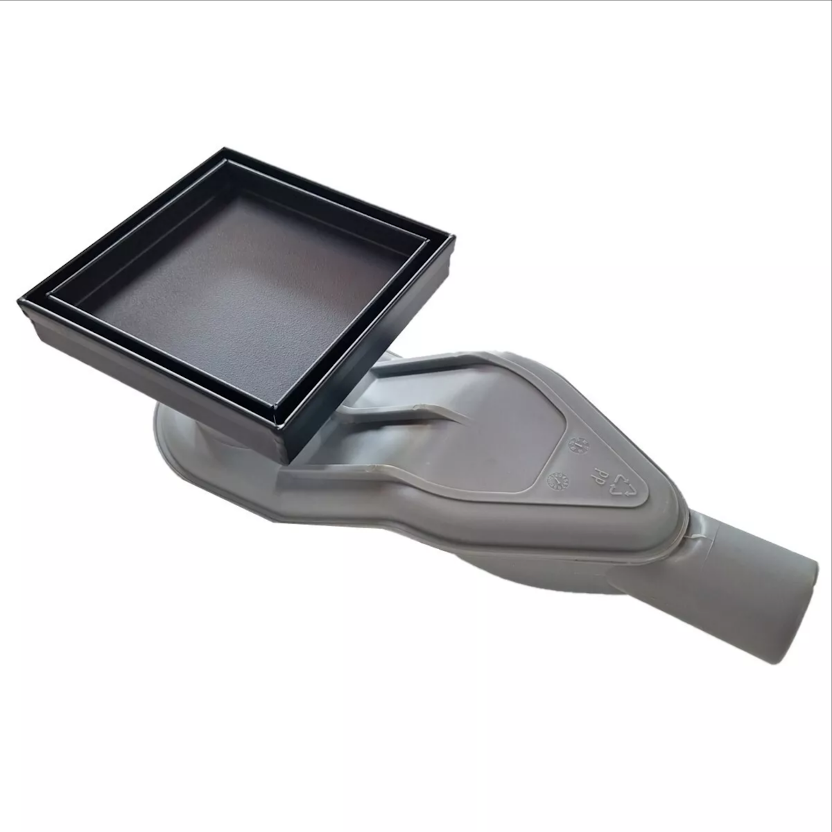 SereneDrains WOW Horizontal Side Discharge Outlet with Black Tile Insert Square Drain Kit