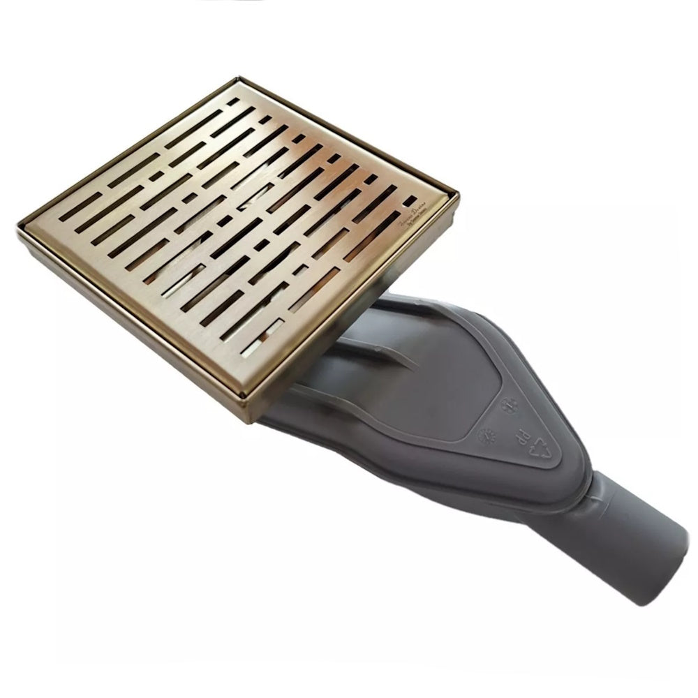 SereneDrains WOW Drain Horizontal Side Discharge Outlet with 6 Inch Broken Lane Design Square Shower Drain Kit - Satin Gold