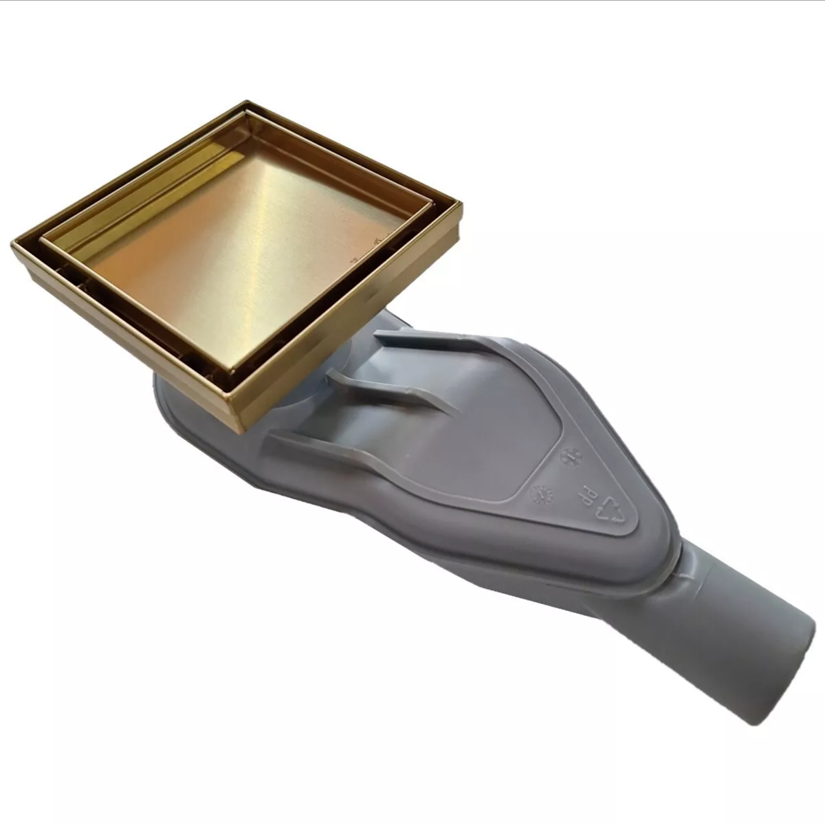 SereneDrains WOW Horizontal Side Discharge Outlet with Gold Tile Insert Square Drain Kit