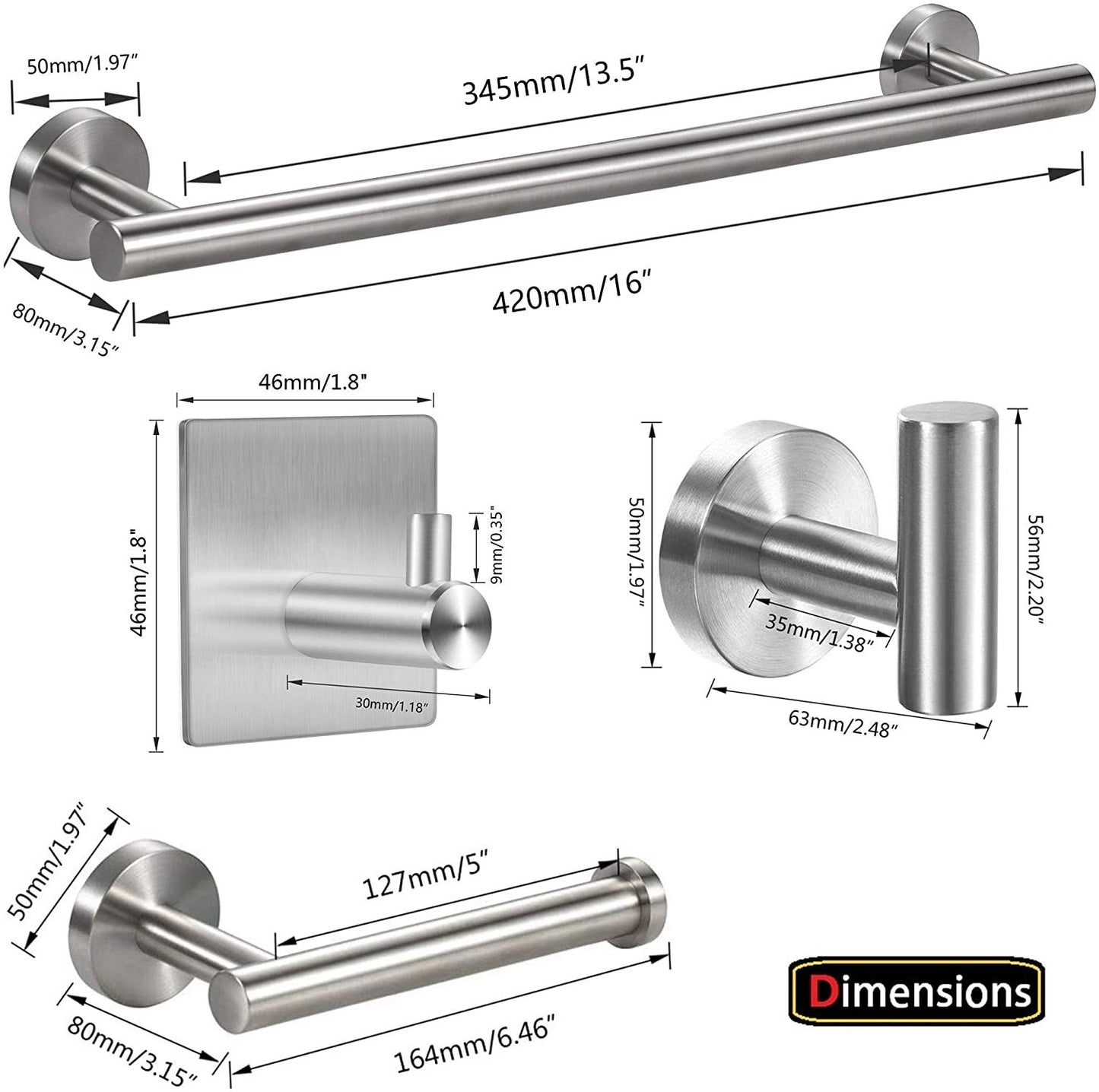 Sliver 16-Inch Towel Bar Bathroom Set, Wall Mount Stainless Steel Shower Accessories Set