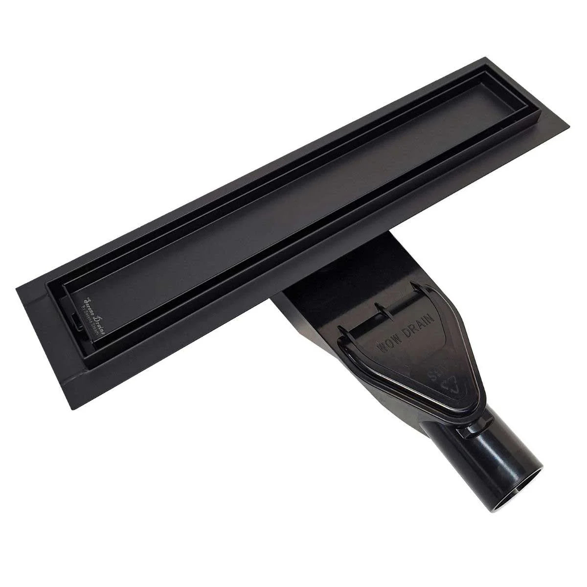 SereneDrains Black Tile Insert Linear Drain Kit with ABS Vertical-to-Horizontal Side Discharge Converter for low profile showers.