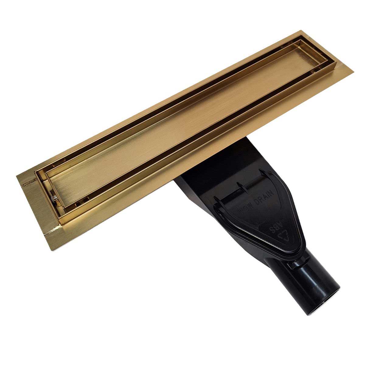 SereneDrains Gold Tile Insert Linear Drain Kit with ABS Vertical-to-Horizontal Side Discharge Converter for low profile showers.