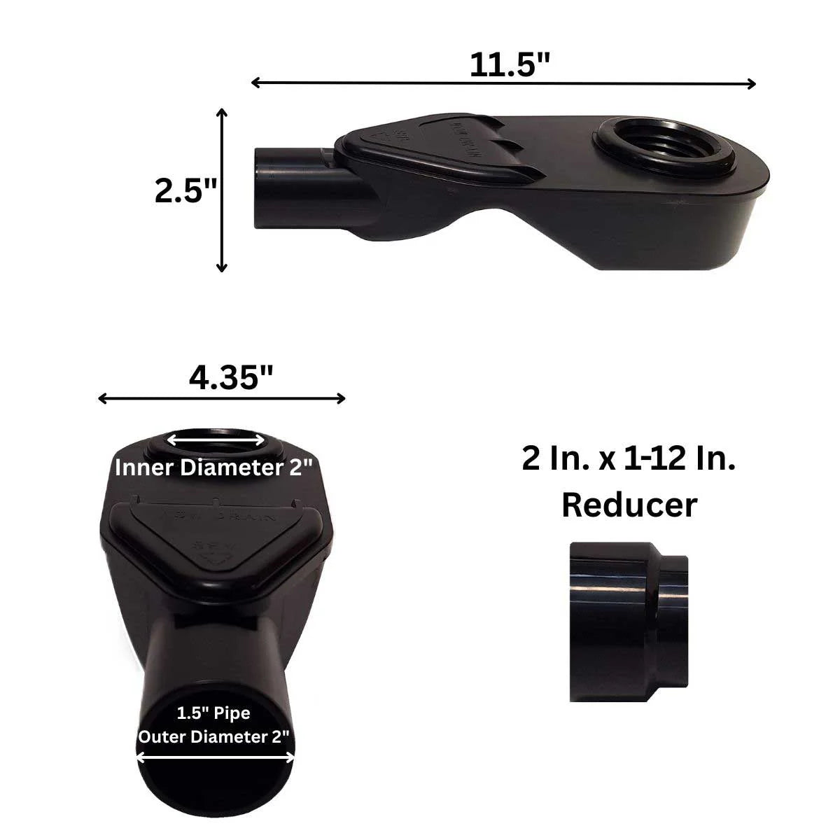 SereneDrains Tile Insert Linear Drain Kit with ABS Vertical-to-Horizontal Side Discharge Converter for low profile showers.
