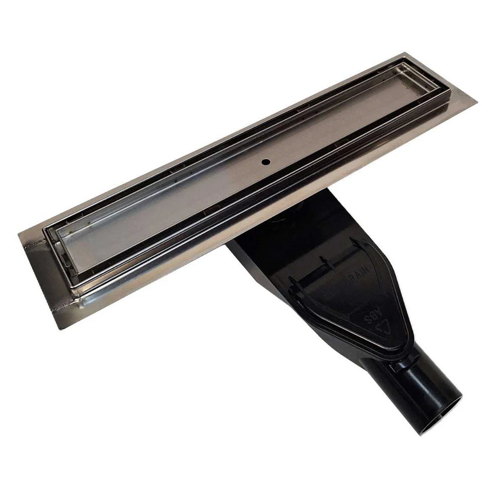 SereneDrains Tile Insert Linear Drain Kit with ABS Vertical-to-Horizontal Side Discharge Converter for low profile showers.