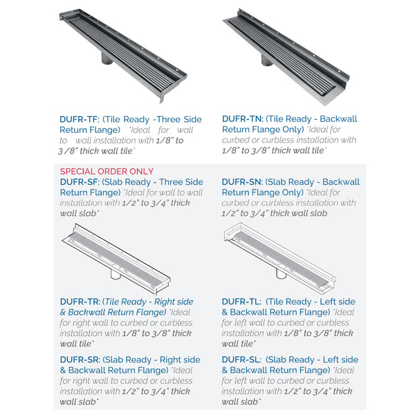 Wall Linear Drain, Polished Wedgewire Design with Backwall Flange, Drains Unlimited