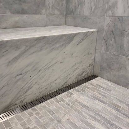 Wall-to-Wall Linear Shower Drain, Brushed Square Perforated Design, Drains Unlimited