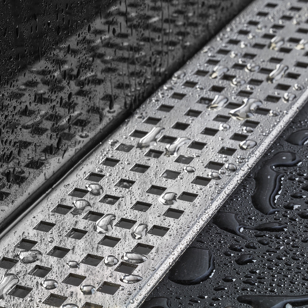 Wall-to-Wall Linear Shower Drain, Brushed Square Perforated Design, Drains Unlimited