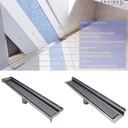 Wall Linear Drain, Polished Wedgewire Design with Backwall Flange, Drains Unlimited