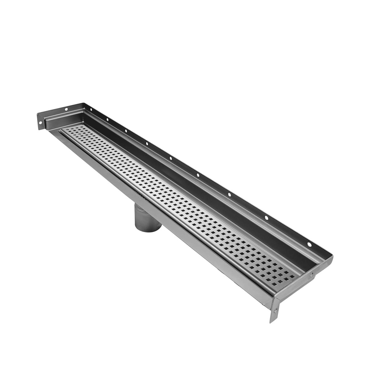 Wall-to-Wall Linear Shower Drain, Brushed Square Perforated Design, Drains Unlimited