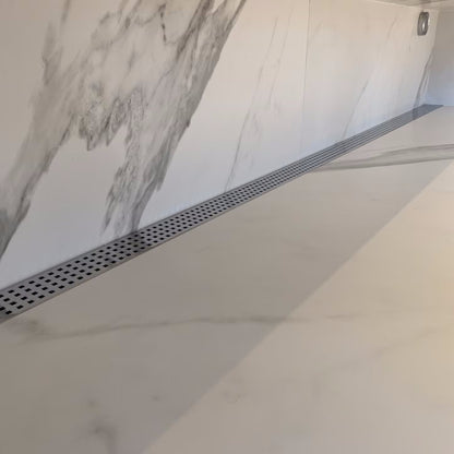Wall-to-Wall Linear Shower Drain, Brushed Square Perforated Design, Drains Unlimited